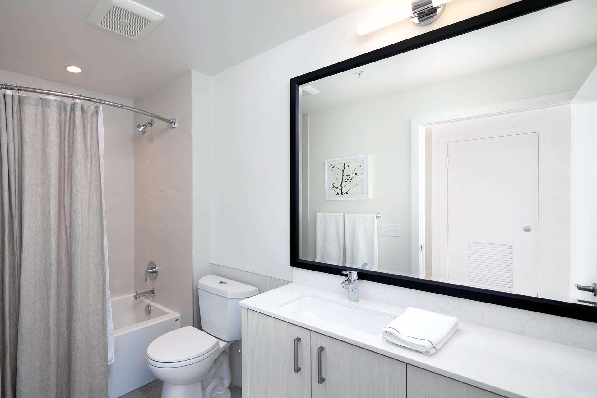 Expansive mirror in this pleasant bathroom with shower & tub in the background
