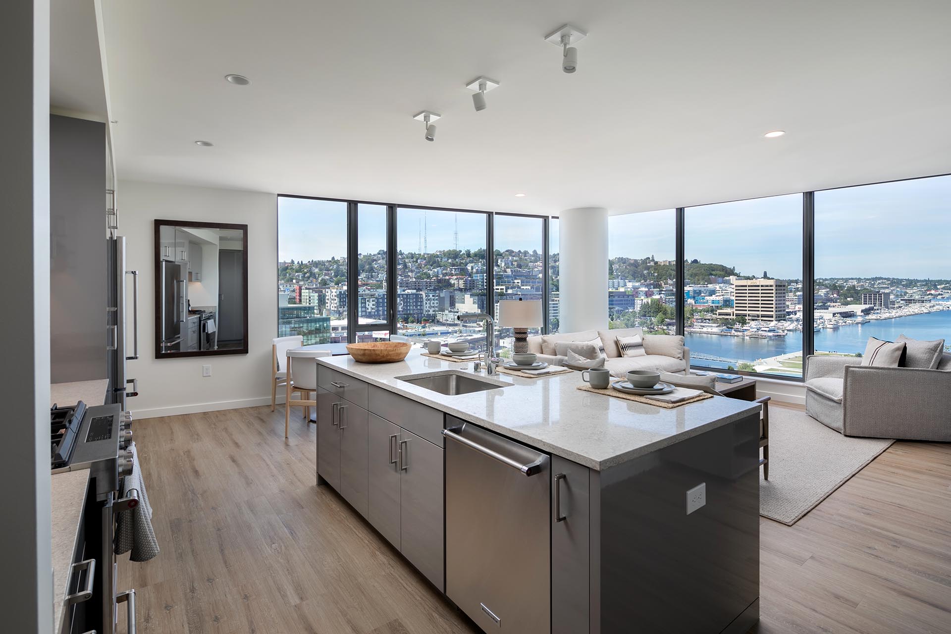 Angle view of kitchen landing area with nice view of city through windows